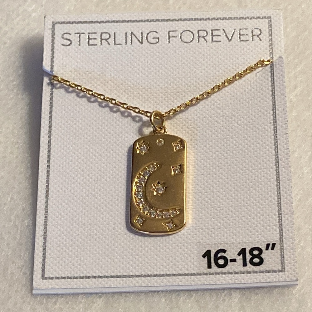 NWOT - CZ 14K Gold Plated Crescent Moon & Stars Dog Tag Pendant Necklace